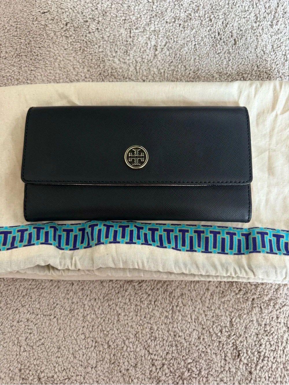 Tory Burch Black Leather Continental Wallet with Gold Logo